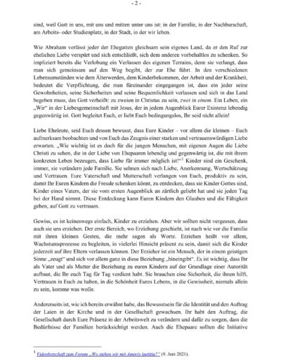 Seite 2 des Briefes von Papst Franziskus an die Ehepaare anlässlich des „Familienjahres Amoris laetitia“