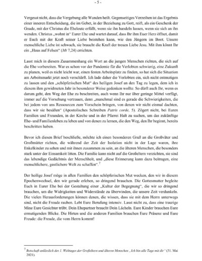Seite 5 des Briefes von Papst Franziskus an die Ehepaare anlässlich des „Familienjahres Amoris laetitia“