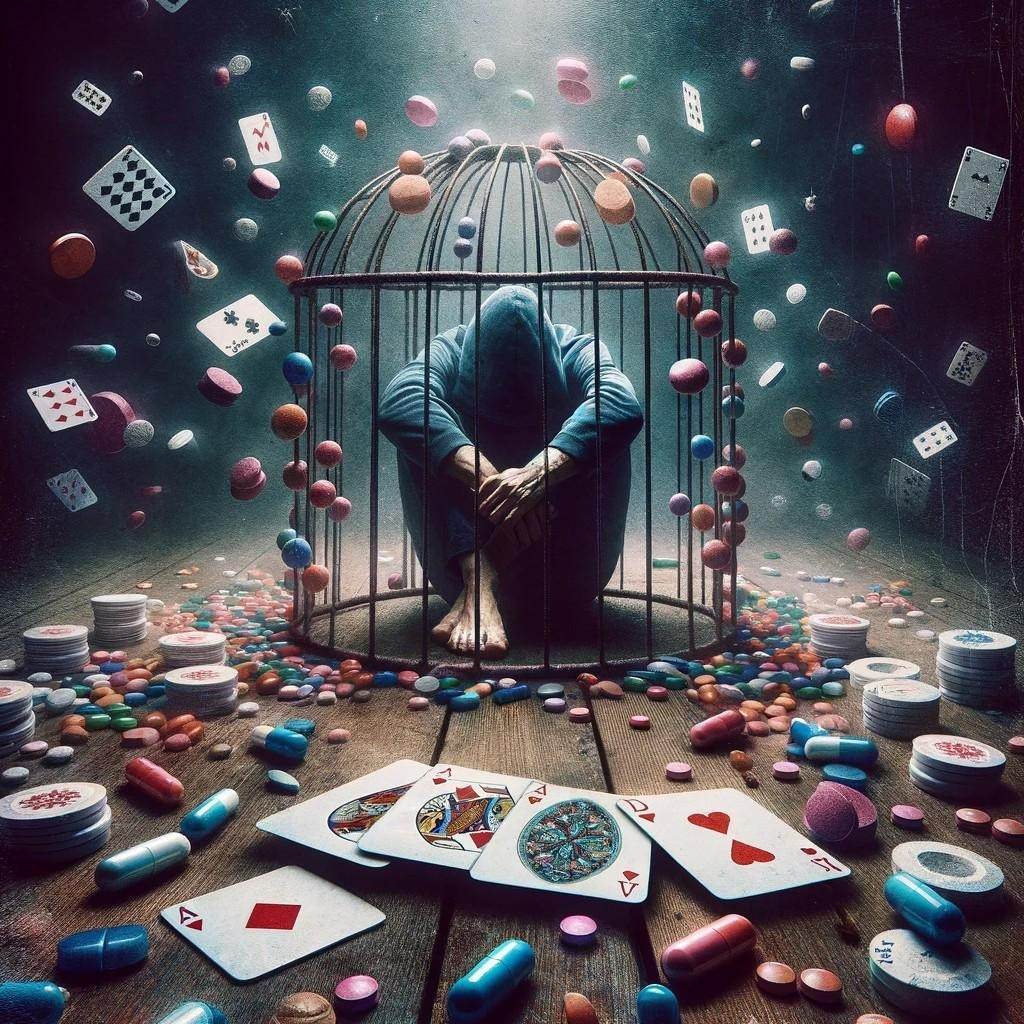 Eine Person sitz in einem Käfig. Sie ist umgeben von Spielkarten und Tabletten.