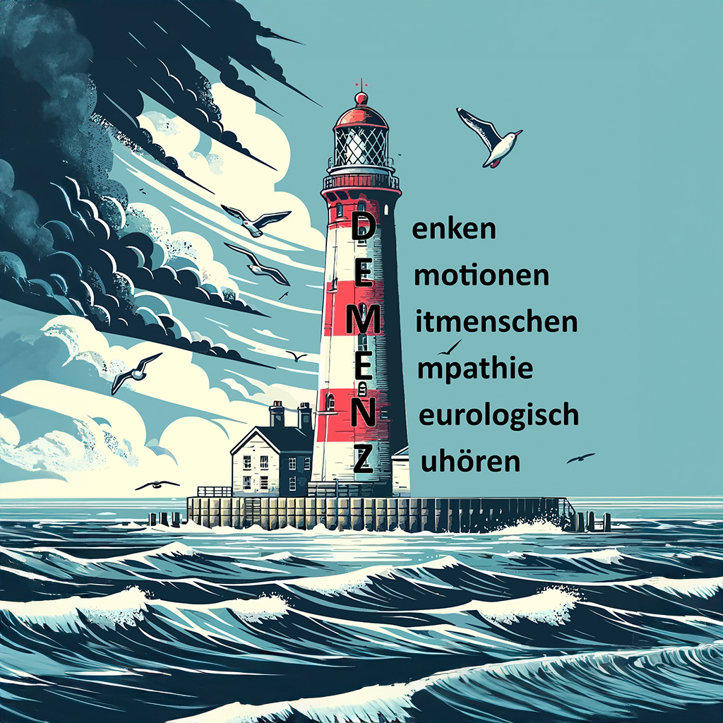 Das Bild zeigt einen Leuchtturm auf einer kleinen Insel inmitten bewegter Wellen. Links vom Leuchtturm zieht ein Sturm auf und Möwen gehen ihrem Alltag nach. Auf dem Leuchtturm steht von oben nach unten das Wort Demenz geschrieben. Rechts davon stehen Begriffe, die mit jeweils einem Buchstaben des Wortes Demenz assoziiert wurden.