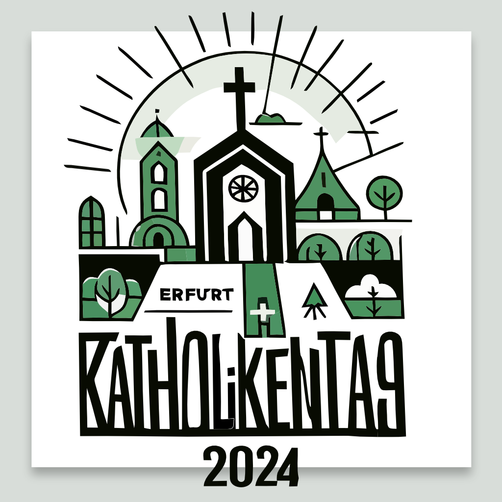 Die Grafik zeigt die Illustration einer Kirche in der Mitte umgeben von Häusern, Bäumen und einer Sonne. Darunter befindet sich der Schriftzug Katholikentag 2024.