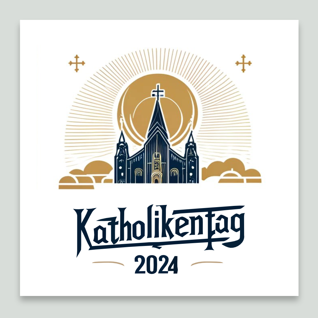 Die Grafik zeigt eine Illustration einer Kirche vor einer Sonner. Darunter steht der Schriftzug Katholikentag 2024.