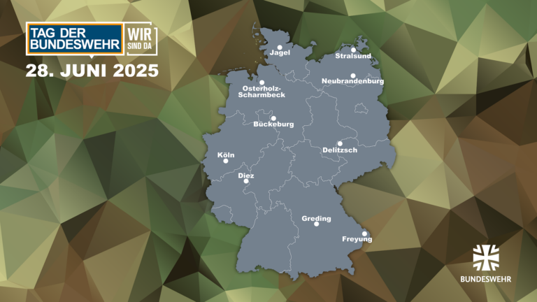 Eine Karte, auf der die 10 Standorte des Tages der Bundeswehr 2025 eingezeichnet sind.