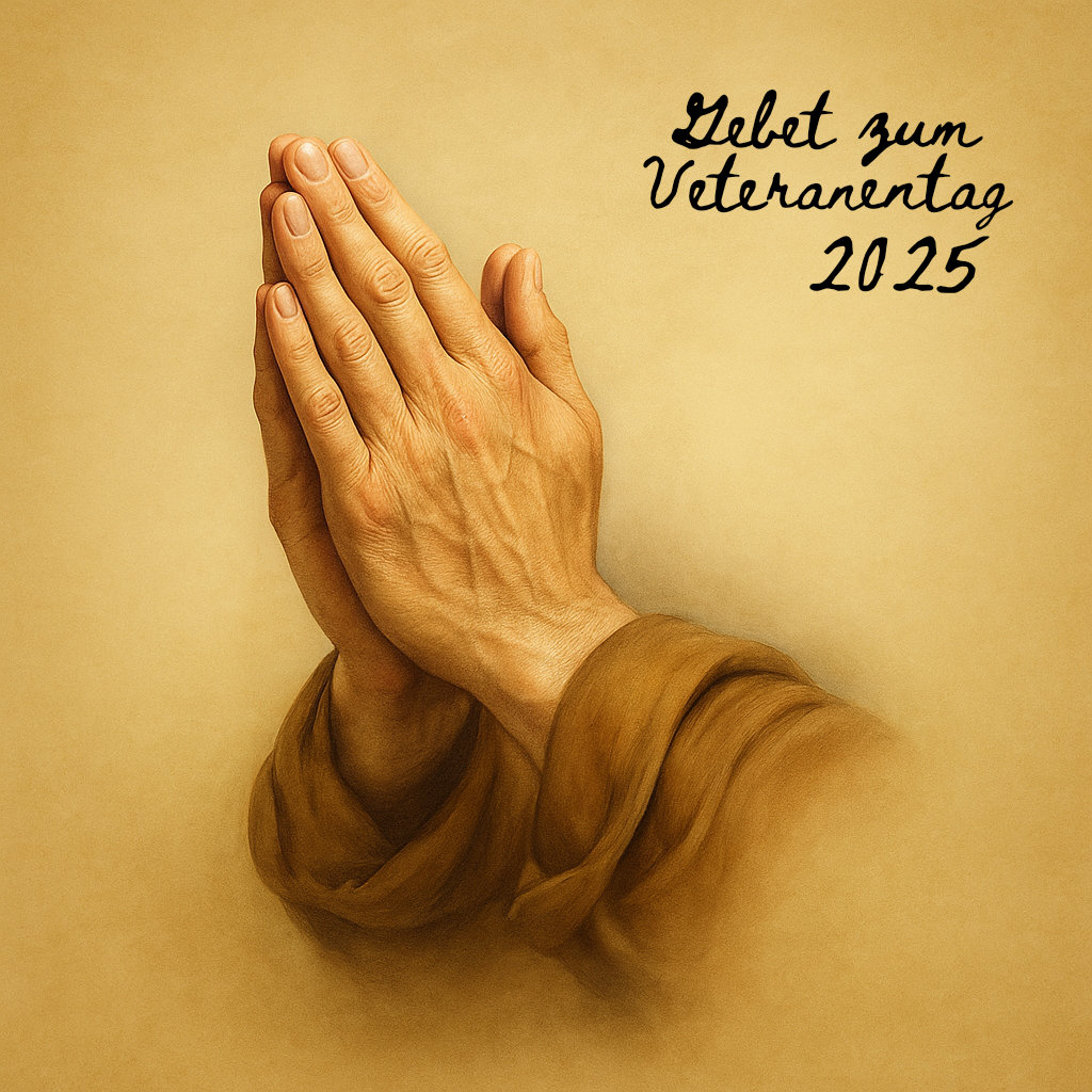 Das Bild zeigt zwei zum Beten gefaltete Hände vor einem beige farbenen Hintergrund. Oben rechts in der Ecke steht in einer Handschrift „Gebet zum Veteranentag 2025“ geschrieben.