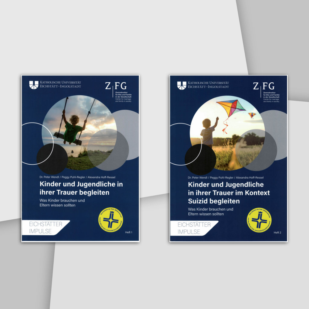 Das Bild zeigt die Cover der beiden Broschüren, die zur Trauerbewältigung von Kindern und Jugendlichen beitragen können